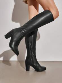 Women's Chunky Heel Knee High And Up Boots - 黑色/PU - 查看 1