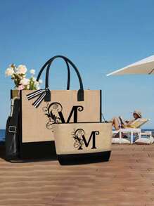 一套女士沙滩手提包，帆布包和帽子，字母A-Z，适合婚礼、生日、节日和其他场合，是送给女性、母亲、老师、朋友、伴娘、学生以及返校季的绝佳礼物。大容量旅行手提包，适合度假、周末旅行，是送给朋友或女士的个性化生日礼物，附赠围巾，也是教师节的最佳礼物。 - 卡其色 - 查看 6