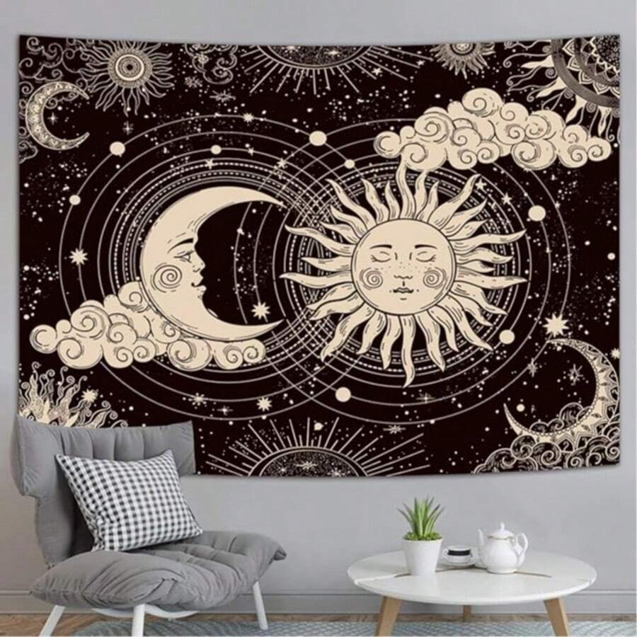 1 peça tapeçaria amarela de sol e lua, tapeçaria vintage boho para pendurar na parede com girassóis, borboletas, mariposas, constelação, tapeçarias de parede estéticas para quarto, dormitório, sala de estar, presentes de aniversário, formatura, decoração de quarto, decoração de parede, decoração de quarto, arte de parede, pôster, decoração de casa, sala de estar, tapeçaria para quarto, bandeira, decoração de quarto