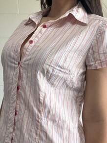 Women Vinatge Button Up Shirts Y2k Crop Tops Striped Short Sleeve V Neck Blouse Slim Fitted Lapel Collared T Shirts Casual Summer E-Girl Streetwear Retro Grunge Aesthetic Clothes 90s Work Office Blouse Dressy Tops - Hồng - Xem 3