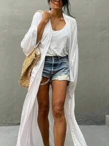 Women's Solid Color Loose Dolman Sleeve Long Kimono Cover Up