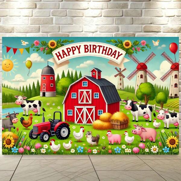 1 Farm Animal Birthday Party Background Banner, Polyester Material, Suitable For Indoor/Outdoor Photography Background, No Electricity Required, Universal Party Decoration Props