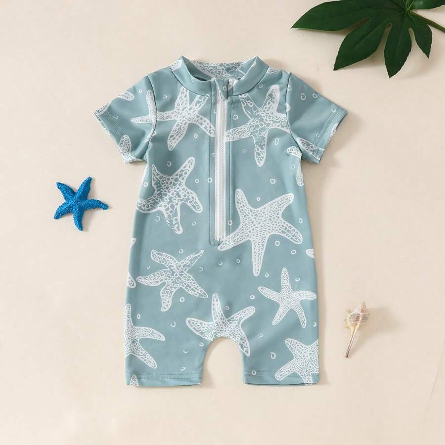 幼儿男孩夏季休闲度假游泳卡通海星数码印花前拉链圆领连体泳衣 - 綠色 - 查看 1