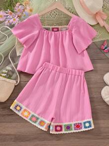 Vihyde Tween Girls Hollow-Out Ribbon Collar Ruffle Trim Casual Short Sleeve Top & Shorts Set, Holiday Suit - Coral Pink - View 2