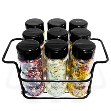 Seasoning Condiment Spice Holder Kit With 9 Plastic Jars 130ml Double Measuring Lid Iron Basket With Handle To Organize Kitchen Countertop Home Pantry Cabinet - 黑色 - 查看 7