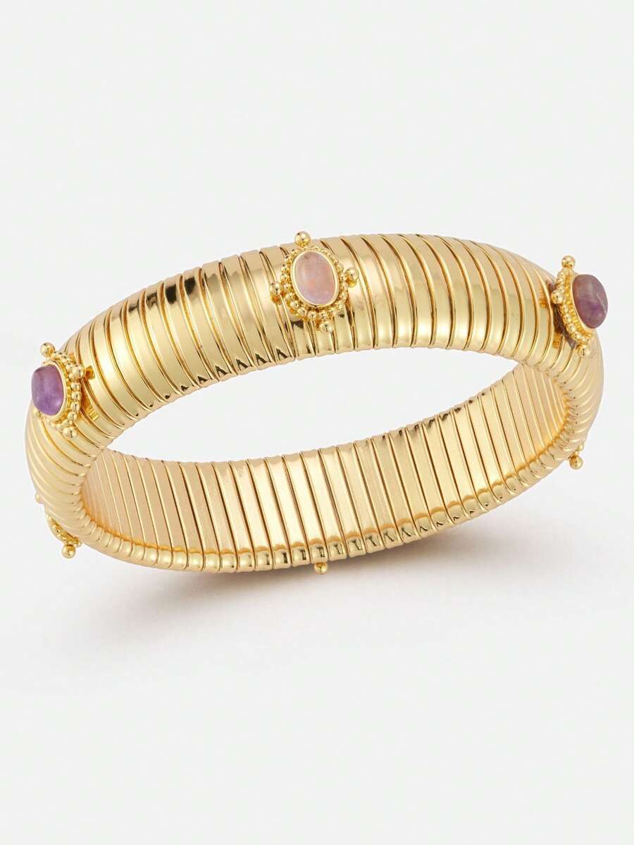 Gold Plated Ribbed Bold Bangle Bracelet For Women And Girls