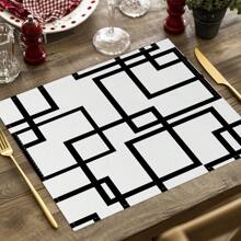2/4pcs Simple Geometric Square Placemats, Abstract Neutral Style Artwork In Black & White, Blue, And Brown Linen Tablemats, Suitable For Daily Dining Table, Kitchen, Dining Room Decor, Home Decor, Holiday Decor, Tabletop Decor, Outdoor Picnic Decor, And Gifts, 12x16.5 Inches