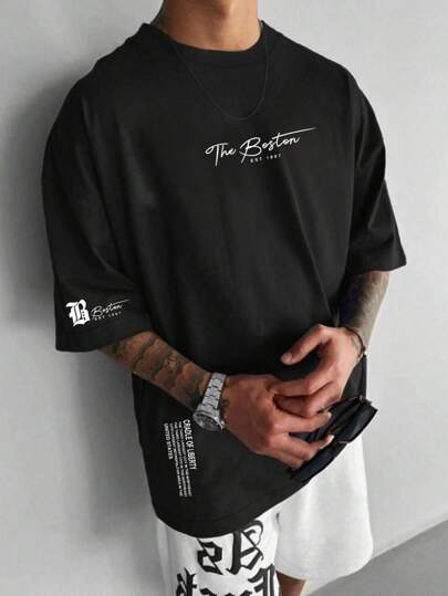 大码男式波士顿休闲简约英式图案宽松百搭短袖 T 恤