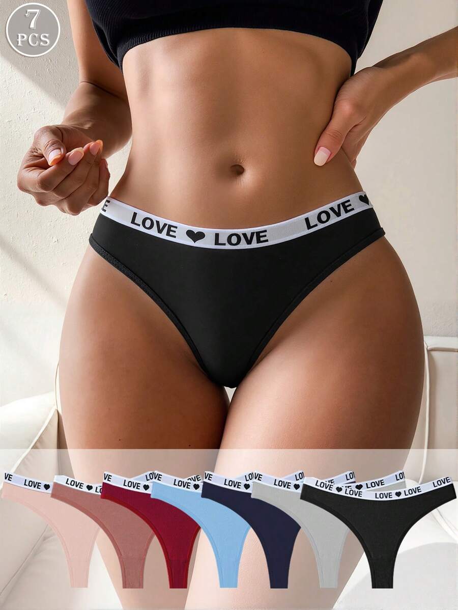 7 Pack Solid Color Love Letter Print Sporty Casual Soft Knitted Cotton Wide Waistband Breathable Thongs Women's Underwear For Daily Yoga All Seasons Lingerie - 彩色 - 查看 1