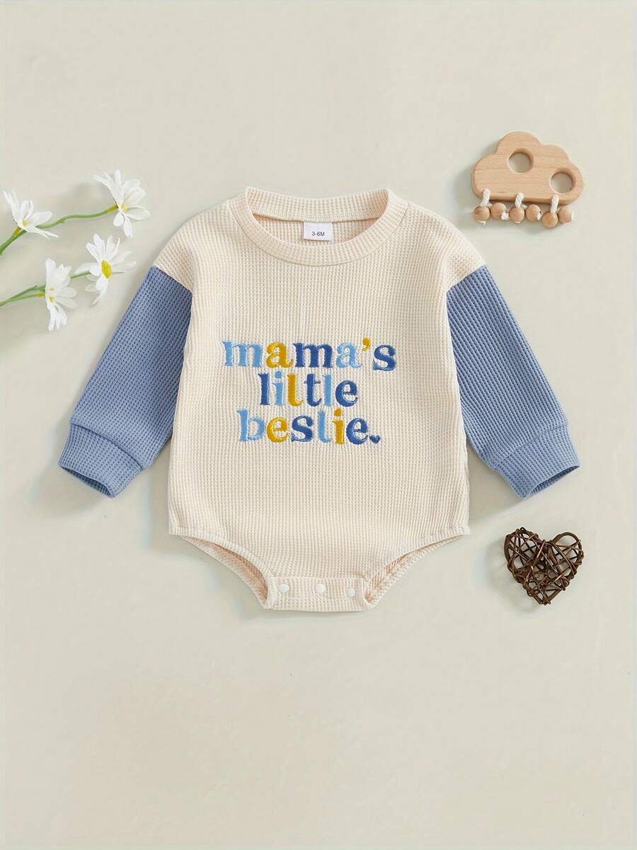Ropa para niña recién nacida, mono con estampado de letras, manga larga, cuello redondo, colores contrastantes, mono adorable de verano, conjuntos a juego para hermana pequeña - Albaricoque - Ver 1
