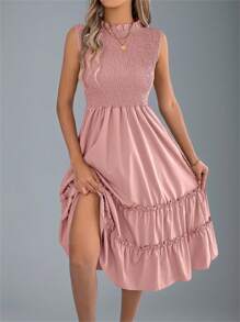 Summer Smocked Waist Dress Sleeveless Round Neck Ruffle Trim Flounce Hem Solid Color Beach Cover Up Resort Midi Vacation Essential Womens Pink Sundress - Hồng - Xem 4