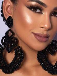 European & American Style Silver Needle Drop Earrings, High-End Rhinestone Diamond Earrings, Exaggerated Jewelry - Black - View 5