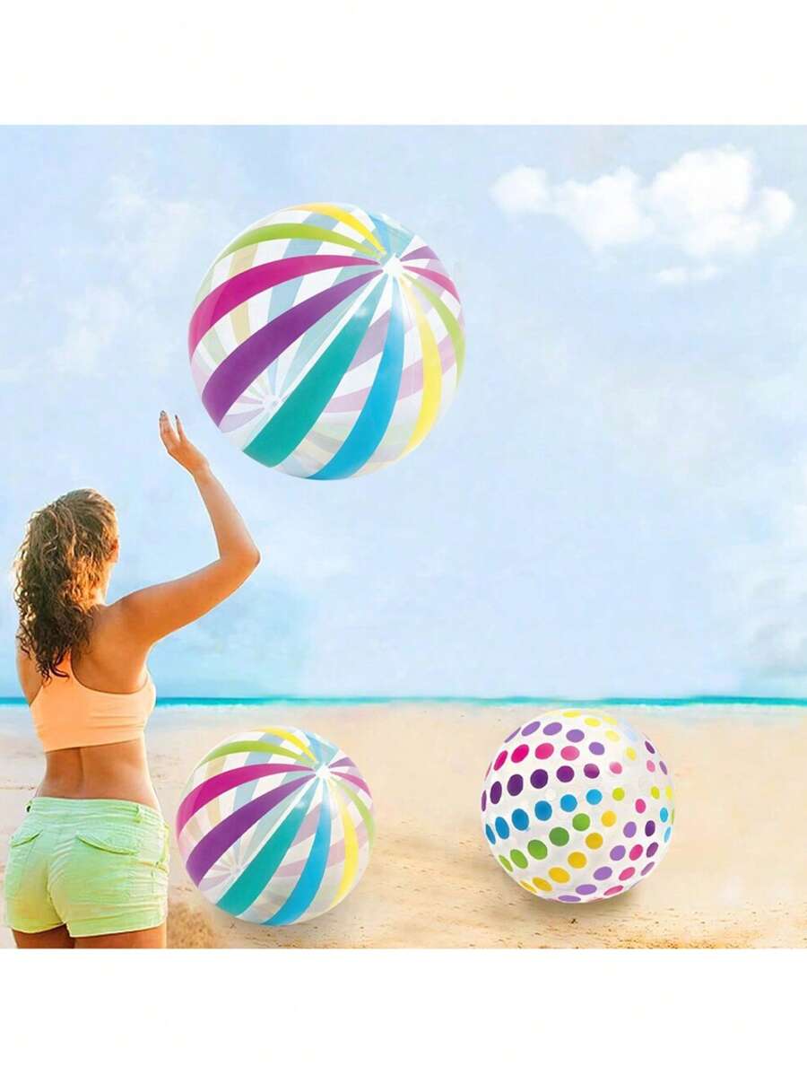 1pc Striped Clear Inflatable Ball, PVC Colorful Dotted Striped Print Sports Accessories Inflatable Ball, Home Party Game Props, Pool Party Decor, Souvenir Gift - Multicolor - View 1