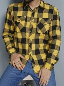 Men's Plaid Flannel Dress Shirt Long Sleeve - 黃色 - 查看 5