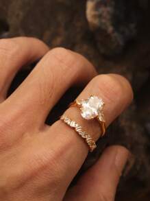 2pcs Set 925 Sterling Silver Oval Cubic Zirconia Inlaid Stacking Engagement Rings Bridal Wedding Jewelry Set - Gold - View 2