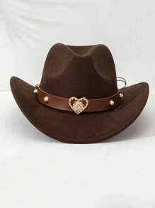 1pc Women's Western Cowboy Hat, Men's Hat, Western Hat, Detachable Heart Decor, Suitable For Mother's Day And Valentine's Day, Sun Protection, Best Easter Gift - Multicolor - View 3