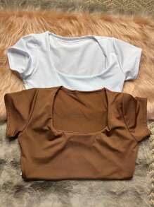 KIT 2 BABY LOOK PREMIUM BLOUSE WITH SQUARE COLLAR SHORT SLEEVE BLOGGER FASHION. - Trắng và Nâu - Xem 2