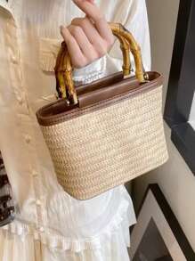 2025 New Summer Women's Multifunctional Sling Bag, Woven Small Handbags, Ladies Straw Bucket Tote Bags, Bamboo Handle Bag - Beige - View 1
