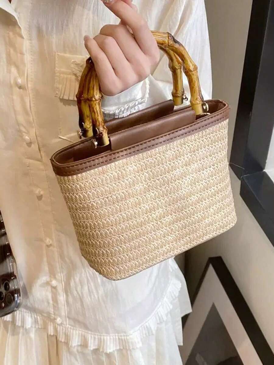 2025 New Summer Women's Multifunctional Sling Bag, Woven Small Handbags, Ladies Straw Bucket Tote Bags, Bamboo Handle Bag - Beige - View 1
