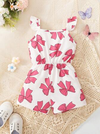 Infants Girls' Ruffle Strap Bow Print Jumpsuit, Cute & Fresh Design For Spring/Summer