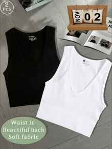 2pcs Women Multicolor Sports & Yoga Set, V-Neck Crop Top, Nylon Moisture Wicking Breathable Seamless Knit Sports Cami, Casual Open Back Base Layer Top