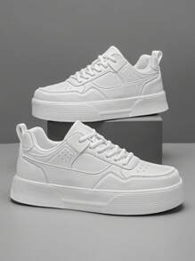 男式纯灰色前系带滑板运动鞋，简约风格拼接细节圆头低帮运动鞋 - 白色 - 查看 3