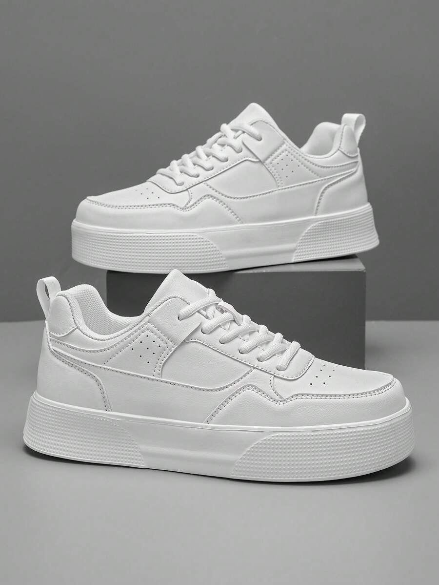 Men's Solid Gray Front Lace Up Skateboard Sneakers, Minimalist Style Patchwork Details Round Toe Low Top Athletic Shoes