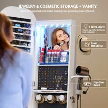 Vlsrka 360° Swivel Jewelry Aromire With Wavy Mirror, Lockable Jewelry Organizer Mirror Full Length, Rotatable Standing Mirror With Storage, Jewelry Cabinet, Interior Mirror, Flodable Shef - White - View 4