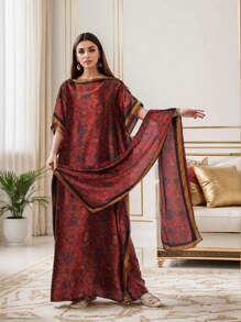 1pc Women Floral Printed Faux Silk Long Scarf With Hijab, Loose Plus Size Shawl For Homewear, Suitable For Summer & Autumn, Indoors And Air-Conditioned Rooms, Abaya Hijab, Modest Kaftan