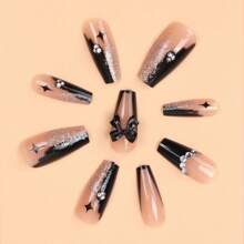 Chic 24Pcs Glitter-Rhinestone Ballet Nails - Long Black Strobe Full Cover Acrylic Tips For An Elegant Halloween Press On Nails Nail Supplies Nails - Multicolor - View 7