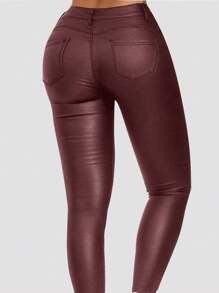 Apperloth A Plus Size Pants For Women's High Waisted Stretch Thermal Faux Leather PU Coated Legging Juniors Skinny Warm Sexy Tights Trousers - 酒紅色 - 查看 2