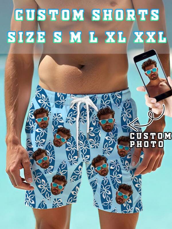 Herren personalisierte Foto Hawaii Shorts, fügen Sie Ihr Foto hinzu, Muster mit 3D tropischer Pflanze und Surfbrett, stilvolle, bequeme Strandshorts für jeden Sommererlebnis, Herrenbekleidung, Lustiges Geburtstagsgeschenk