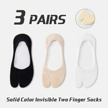 3 Pairs Women's Plain Solid Color Comfortable Antibacterial Moisture-Wicking Two-Toe Japanese Zori Style Low Vamp Hidden Heel Non-Slip Toe Socks, Suitable For All Seasons