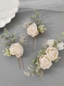 3pcs Rose Casual Fabric Floral Set, Bride Rose Headpiece, Wedding Flower Headband & Hair Clips Bridal Wedding Gift, Thanksgiving Gift For All Seasons - White - View 9
