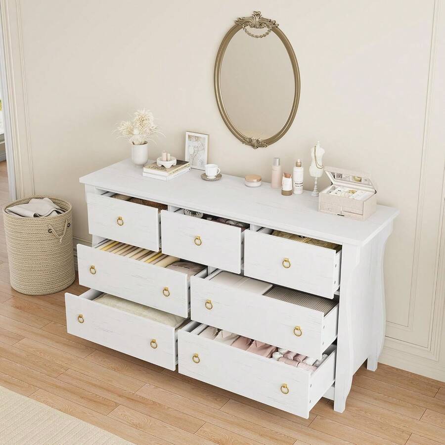 7-Drawer Dresser - Tall Boho Dresser With Curved Legs, Rattan Accents, And Freestanding Storage For Living Room, Bedroom, Entryway, Or Balcony, White - 7-Drawer-White - 查看 1