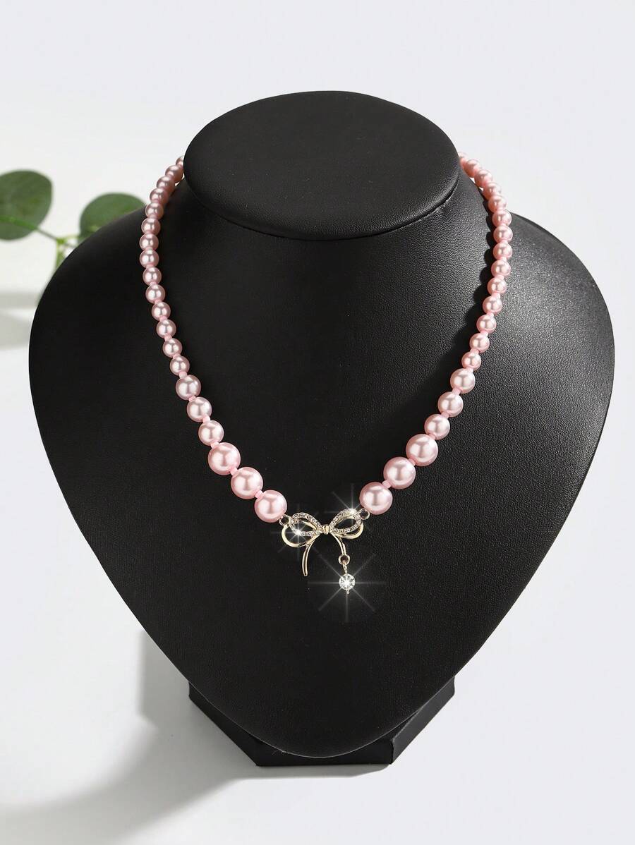 1pc Bohemian Style Alloy Bow Knot Crystal & Glass Pearl Decor Necklace, Classic & Versatile - Pink - View 1
