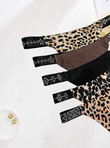 5 件女式低腰豹纹纯色无缝水钻装饰性感、舒适、优雅、成熟、迷人的女士丁字裤，法式风格