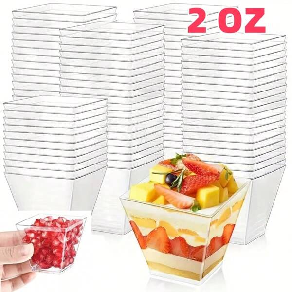 2oz/60ml (We Strongly Recommend Checking The Size Carefully Before Placing Your Order) This Is A Very Miniature Plastic Dessert Cup, Pudding Cup, Chocolate And Cheesecake Cup, Reusable, Suitable For Valentine's Day, Wedding Parties, Ice Cream Tasting, Appetizer, Pudding And Mousse, Etc. There Are Also 5oz Mousse Cups And Square Transparent Appetizer Cups Available.