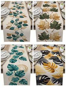 1pc Modern Leaf Pattern Linen Table Runner For Seasonal Holidays Like Halloween And Day Of The Dead. Suitable For Dressing Table Scarves, Table Protection, Family Gathering, Holiday Decoration, Home Decor, Gifts, Party Decor