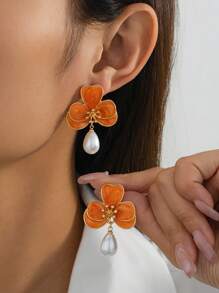 1 对浪漫柔和橙油滴花卉仿珍珠吊坠女式耳环，结婚礼物 - 橘色 - 查看 1