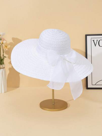 1 st. Witte strik met brede rand voor dameszonnehoed, modieuze, veelzijdige strandvakantiestrohoed