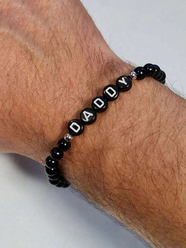 1pc Daddy /Mama Beaded Elastic Letter Bracelet 6mm Black Onyx Bracelet Father's Day, Mother's Day Gift, Holiday Jewelry, Gifts For Him, Gifts For Her