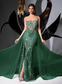 LUVISTRUE Glamorous Goddess Sequin Party Formal Dress, Luxury Women's Evening Gown Suitable For Red Carpet, Birthday Party, Graduation Dance, Gala Dinner, Charity Ball, Awards Ceremony, Solid Color Strapless Mesh Tie-Up Slit Dress - Green - View 5