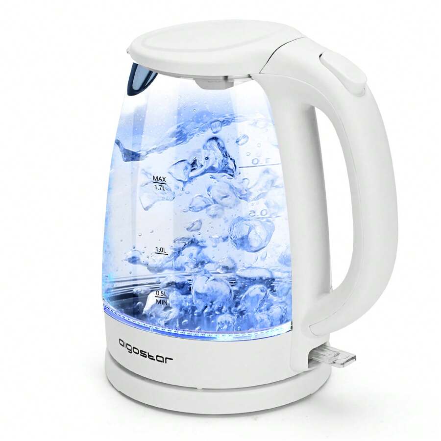 1pc 1.7L Electric Kettle, Glass Kettle, 2200W, LED Backlight, 360° Rotating Base, With Filter, Overheat Protection, Dry Boil Protection, White, Suitable For Home Or Office Daily Water Boiling - EU F Type Plug(220-240V) - View 1
