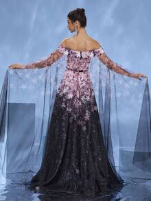 DELLA COUTURE 梦幻粉色碎花紧身修身晚礼服，飘逸薄纱设计，彰显高贵气质，腰部珠饰，优雅浪漫，拖地长裙，适合派对、晚宴、婚礼等正式场合，女士夏装 - 粉色 - 查看 11