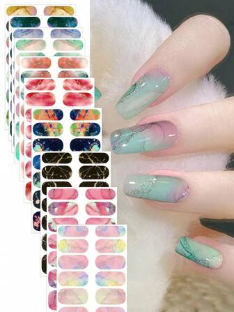 10 Sheets Marbled Nail Stickers Set - Women And Girls Self Adhesive Full Wrap Nail Stickers, Disposable Full Coverage Nail Polish Strips, DIY Nail Art Nail Essentials