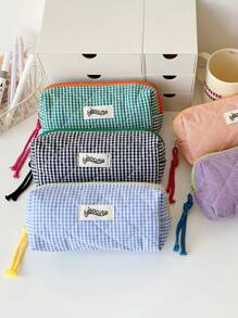 Estuche de lápices con diseño de color block y cuadros, estuche de lápices de diseño básico y suave para papelería, estudiantes, niñas, cosméticos y artículos varios, de vuelta a la escuela, útiles escolares, estuche de lápices, mochila escolar