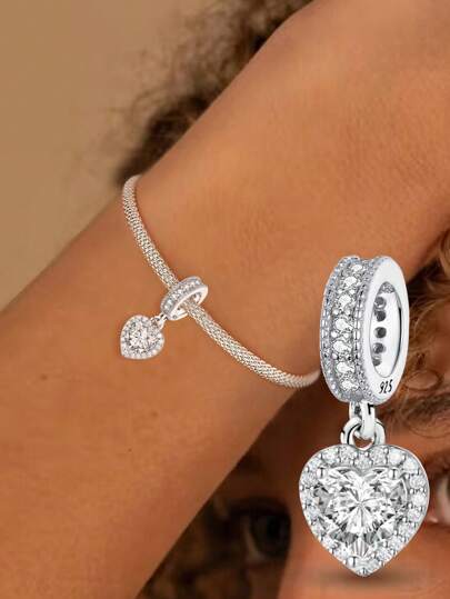 1pc Shiny 925 Sterling Silver Heart Shaped Beaded Pendant, Suitable For Women's Bracelet, Bangle DIY Jewelry Making And Daily Outfit, Ideal Accessory Gift For Girls On Valentine's Day