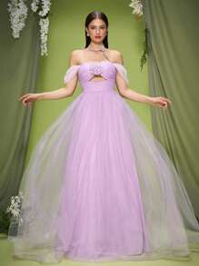 Mgiacy,New Arrival,Off Shoulder,Shining,Mesh Ruched,Elegant,3D Floral,Romantic,Bridesmaid Dress,Long Dress - Purple - View 6