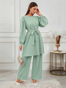 女士纯色圆领长袖上衣和裤子阿拉伯套装、情人节女士套装、Fairycore、女士长袍套装优雅、朴素套装、度假装